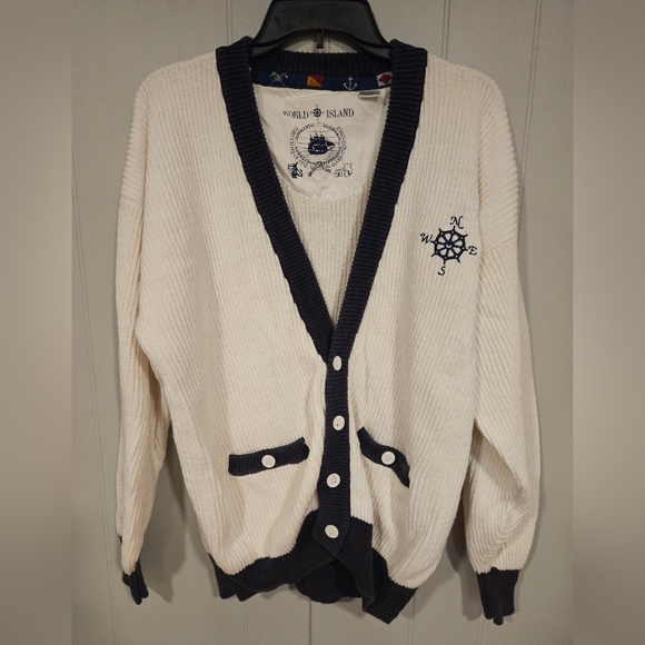 Vintage World Island Cardigan Sweater Pockets Heavy Nautical Sailing Theme White - Picture 1 of 6